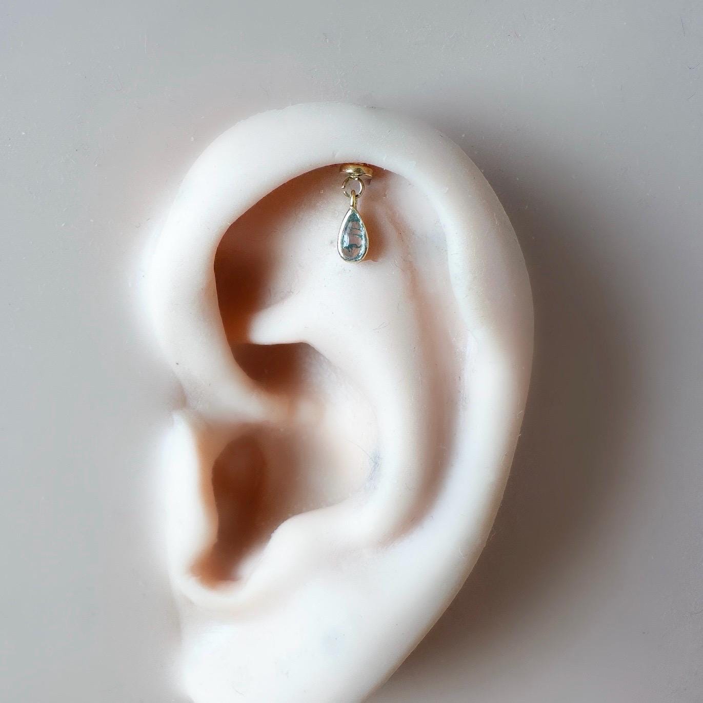 Dainty Gold Moss Agate Pear F136 Titanium 16G 18g Push Pin Flat Back Vertical Helix Piercing, Vertical hidden rook piercing
