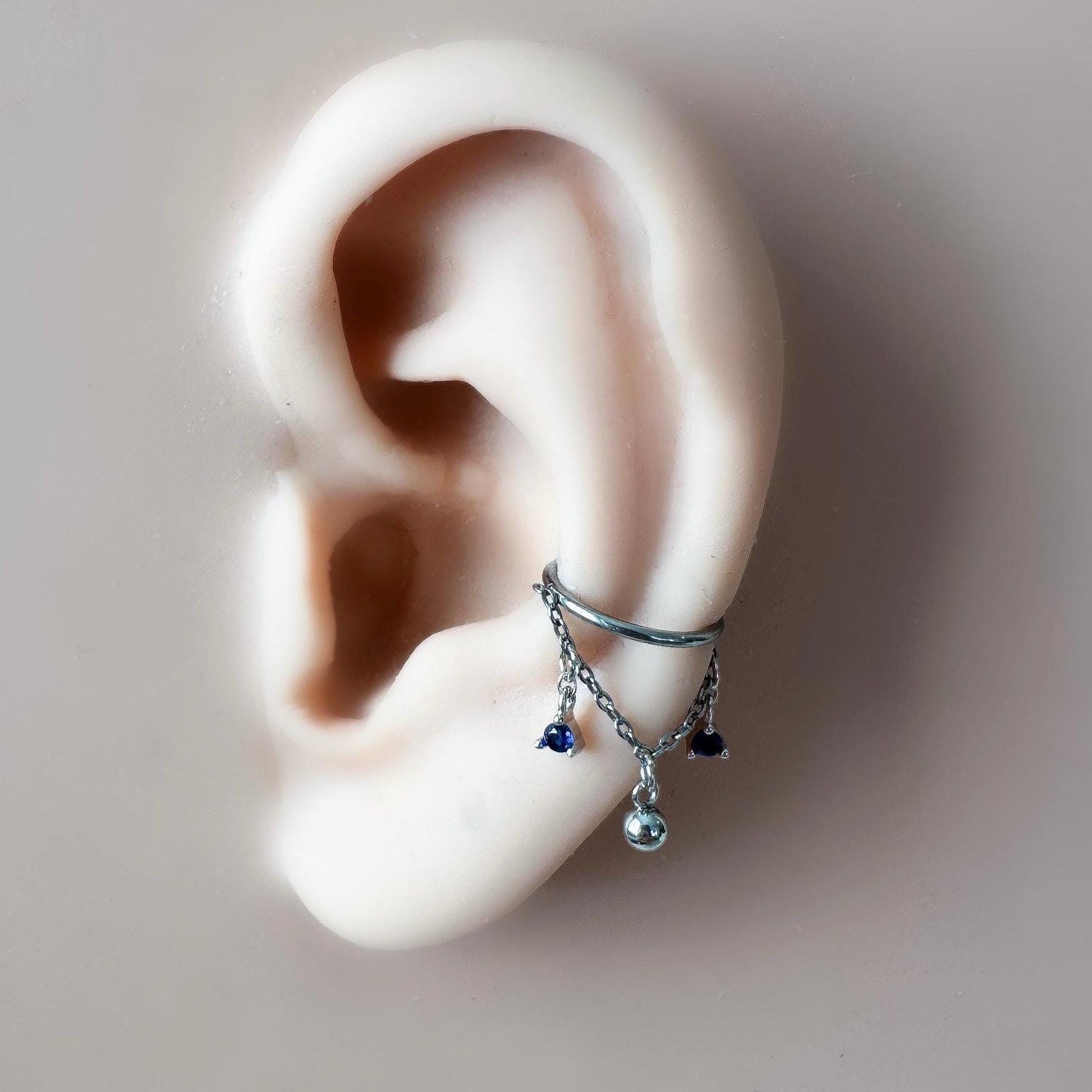14g 16g 18g 6-12mm Dainty Silver Sapphire CZ Mini Selene Charm Titanium Chain Hoop, conch hoop piercing, gold hoop, silver hoop, helix hoop,