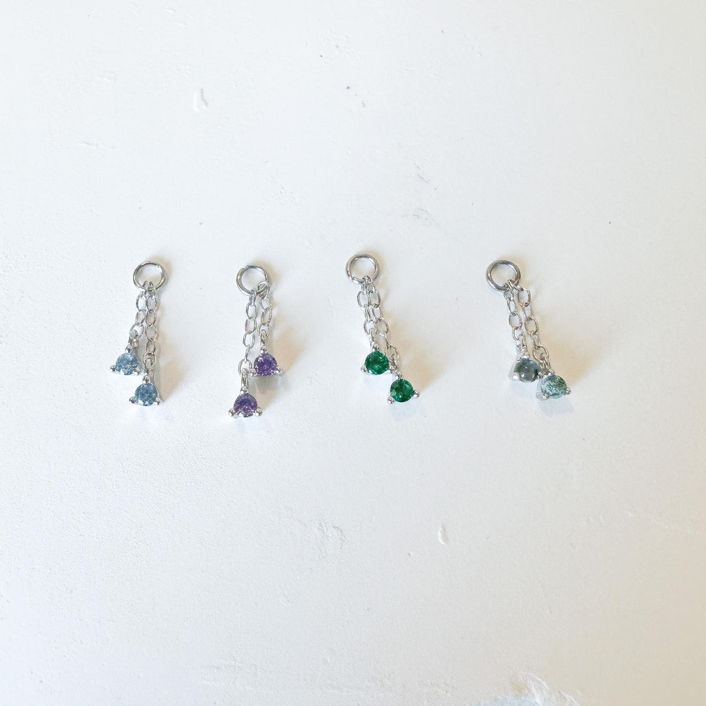 Dainty Double Sapphire CZ Chain Dangle Helix Hoop Charm, sterling silver, 316L Surgical Steel piercing, cartilage piercing, helix piercing