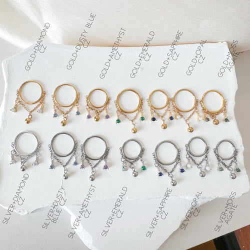 14g 16g 18g 6-12mm Dainty Gold Onyx CZ Mini Selene Charm Titanium Chain Hoop, conch hoop piercing, gold hoop, silver hoop, helix hoop,