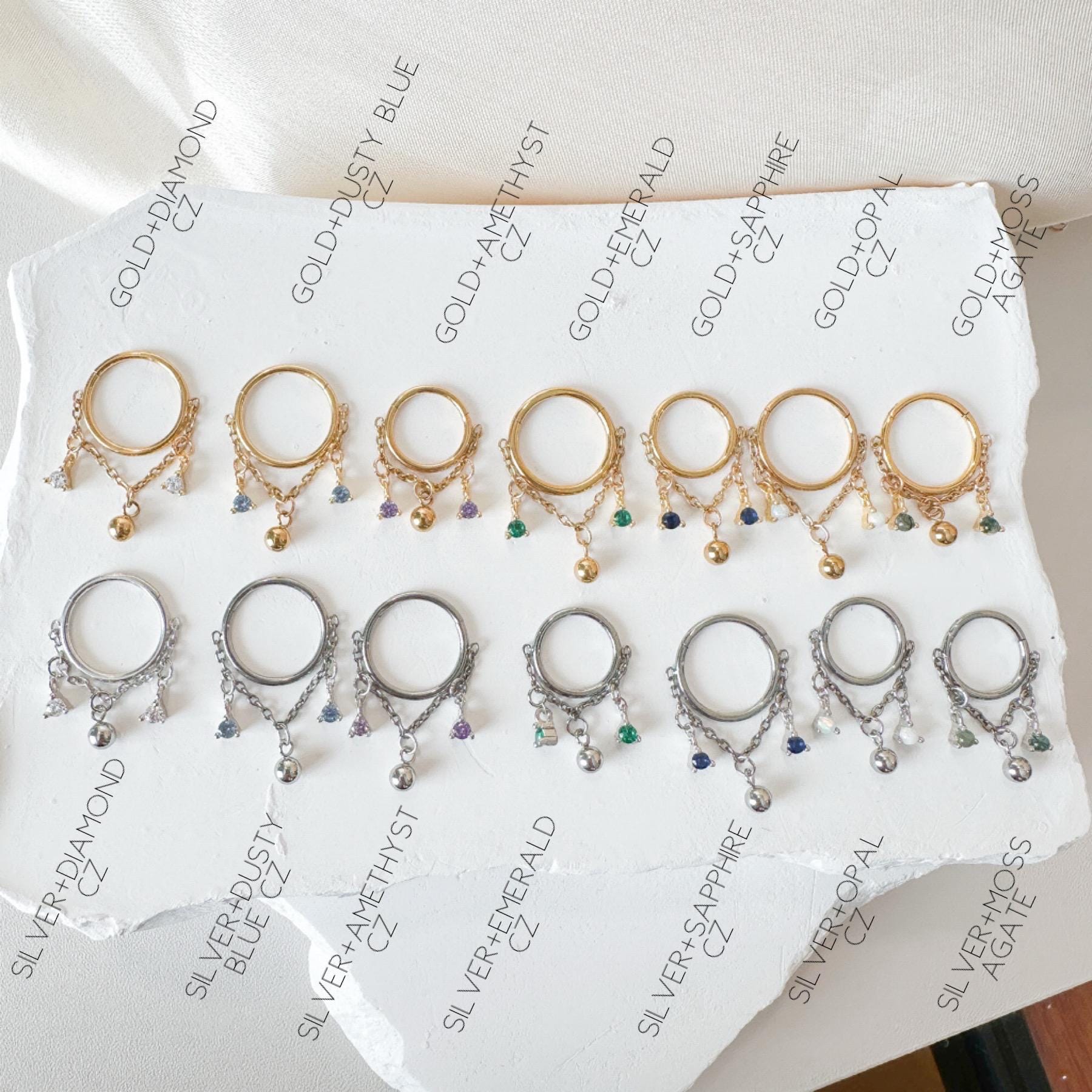 14g 16g 18g 6-12mm Dainty Gold Moss Agate Mini Selene Charm Titanium Chain Hoop, conch hoop piercing, gold hoop, silver hoop, helix hoop,
