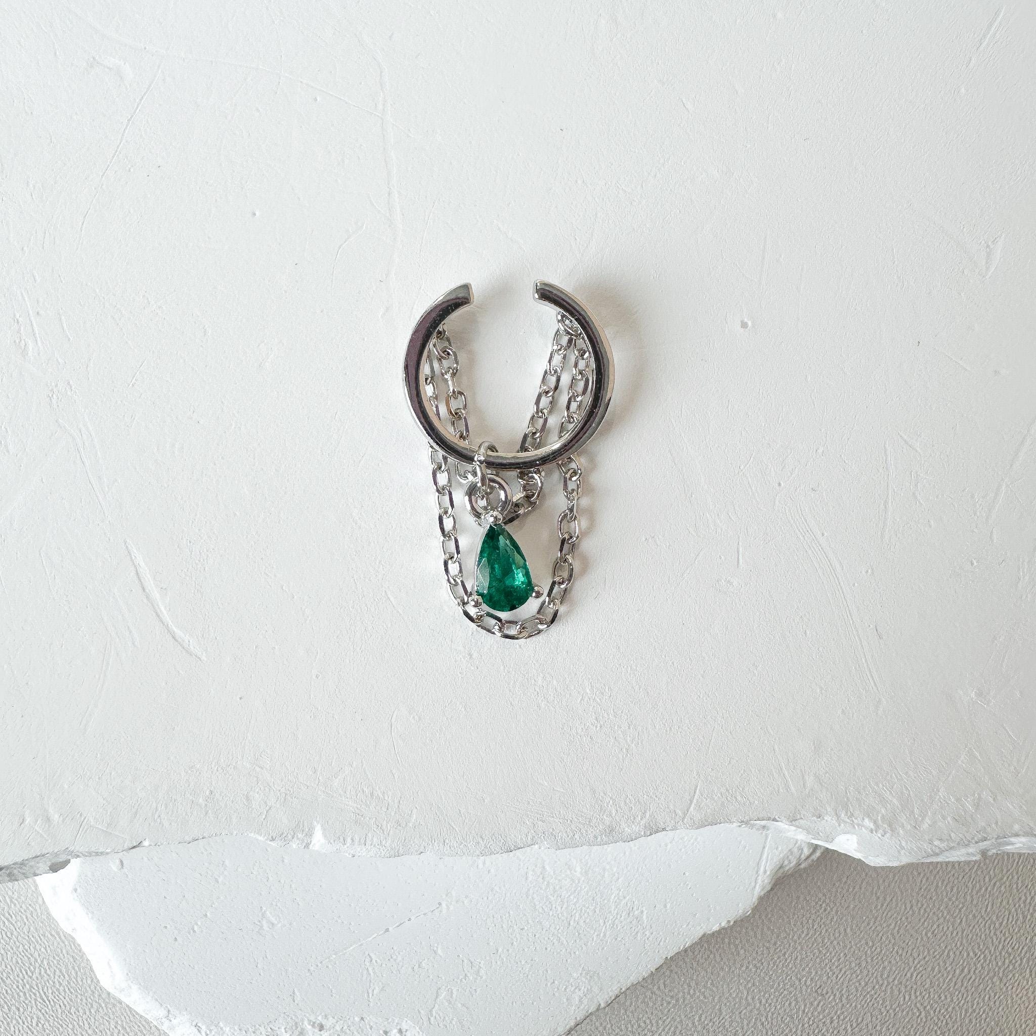Non Piercing Clip On Ear Cuff Dainty Emerald CZ Teardrop Double Chain Helix Piercing, cartilage piercing, conch hoops, conch clip on