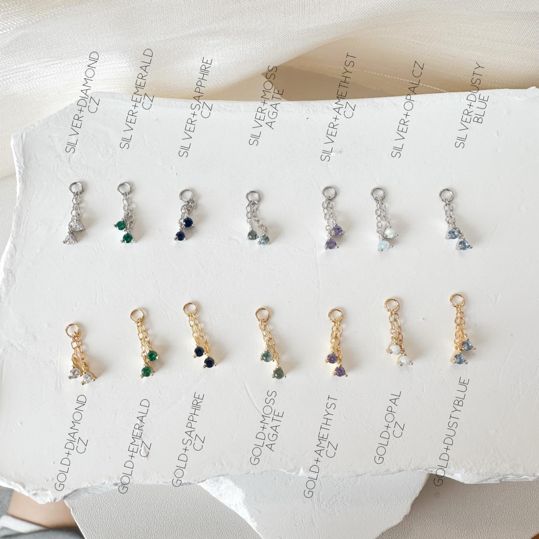 Sterling Silver Dainty Double Sapphire CZ Charm Chain Dangle Helix Hoop Charm, sterling silver Charms, Titanium Hoops, cartilage piercing