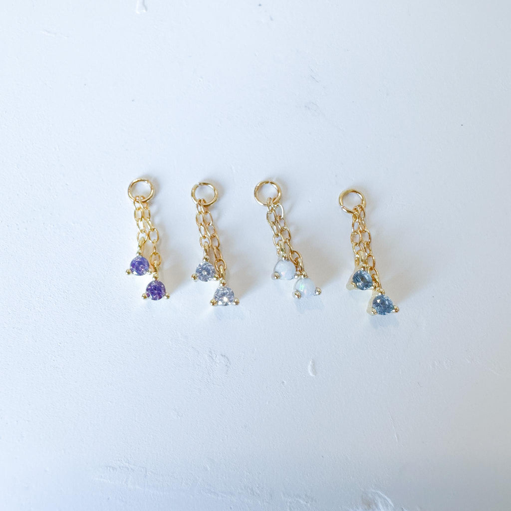 18kt Gold Plated Dainty Double Amethyst CZ Charm Chain Dangle Helix Hoop Charm, sterling silver Charms, Titanium Hoops, cartilage piercing