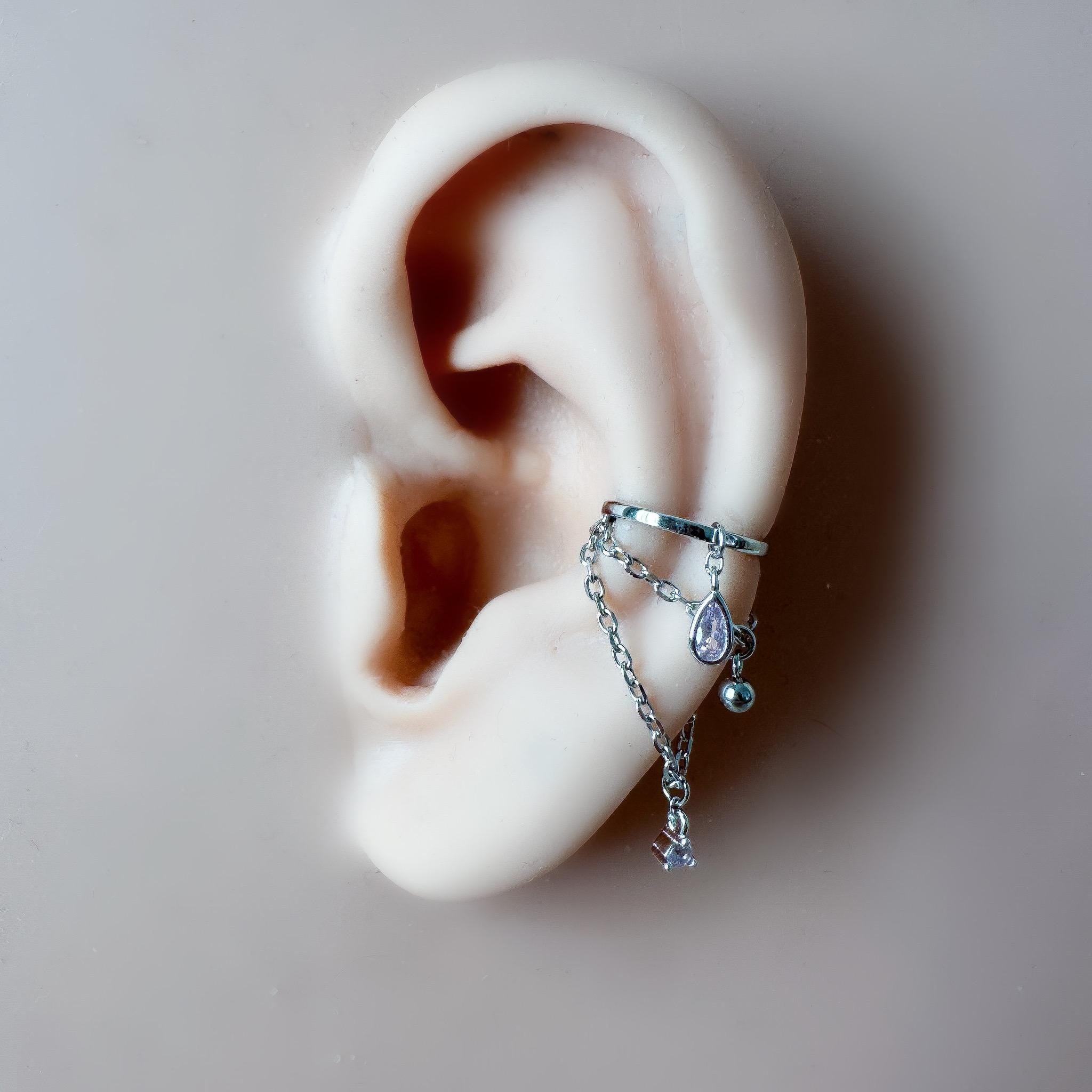 Non Piercing Ear Cuff Dainty Selene Dusty Pink Double Chain Helix Piercing, conch earring, chain piercing, helix hoop, clip on earring