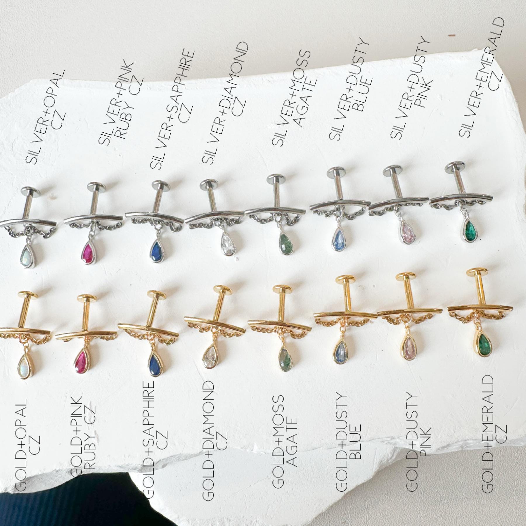 Dainty Hidden Helix Piercing 16g Titanium Camellia Emerald CZ flat piercing, helix labret, cartilage piercing, chain piercing 6mm 7mm 8mm