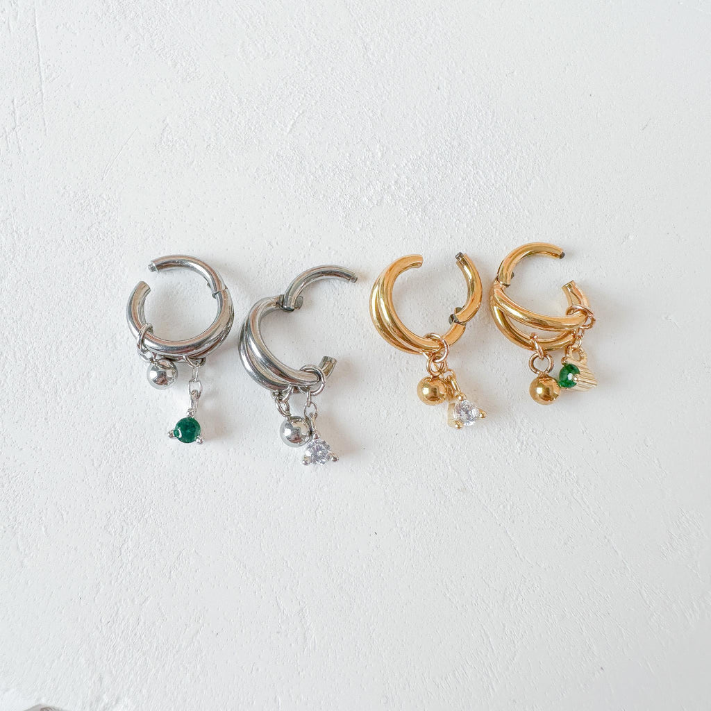 16g 18g 6mm 8mm Dainty Double Hoop Sapphire CZ Dangle Charm, Titanium Rook Piercing Hoop, hoop huggies, cartilage piercing, helix hoop charm
