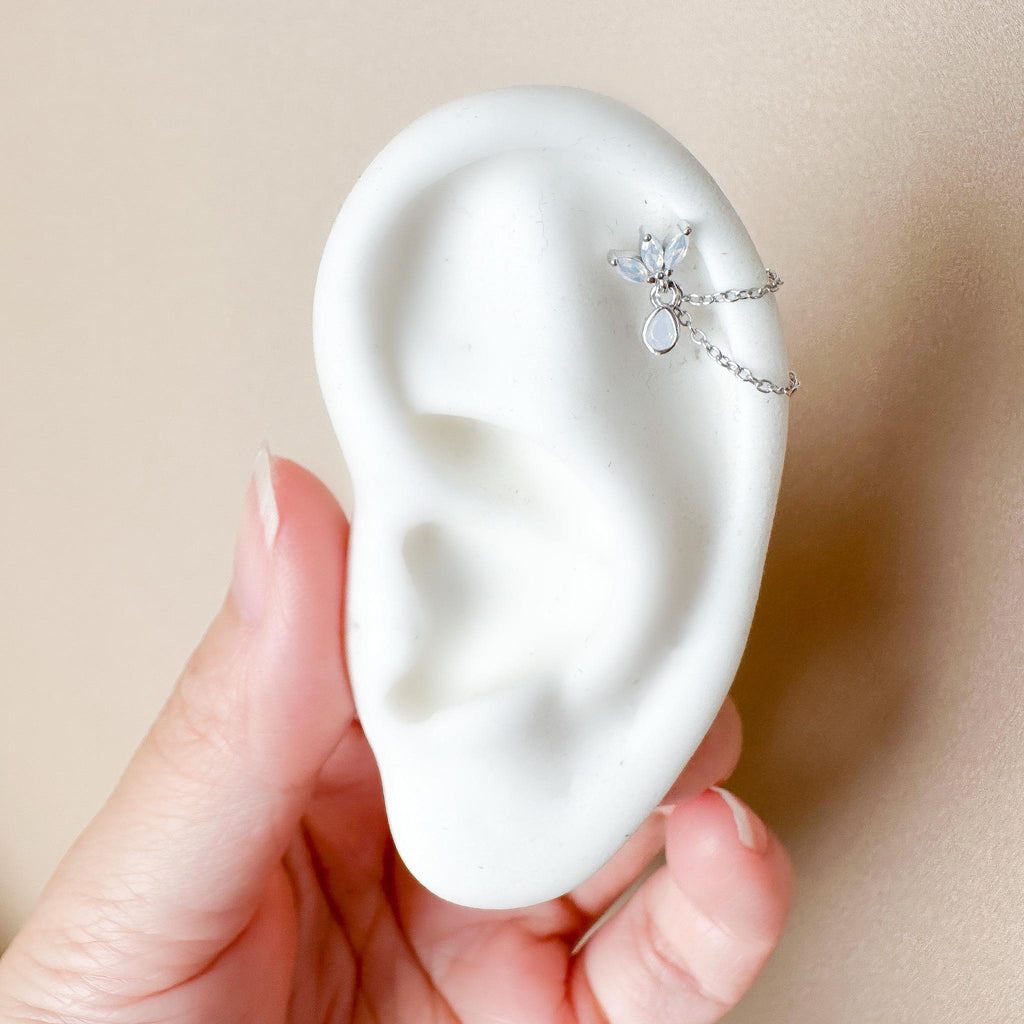 Dainty Double Chain Marquise and Pear Onyx CZ Helix Piercing, cartilage piercing, helix chain piercing, earring hoops, body piercing