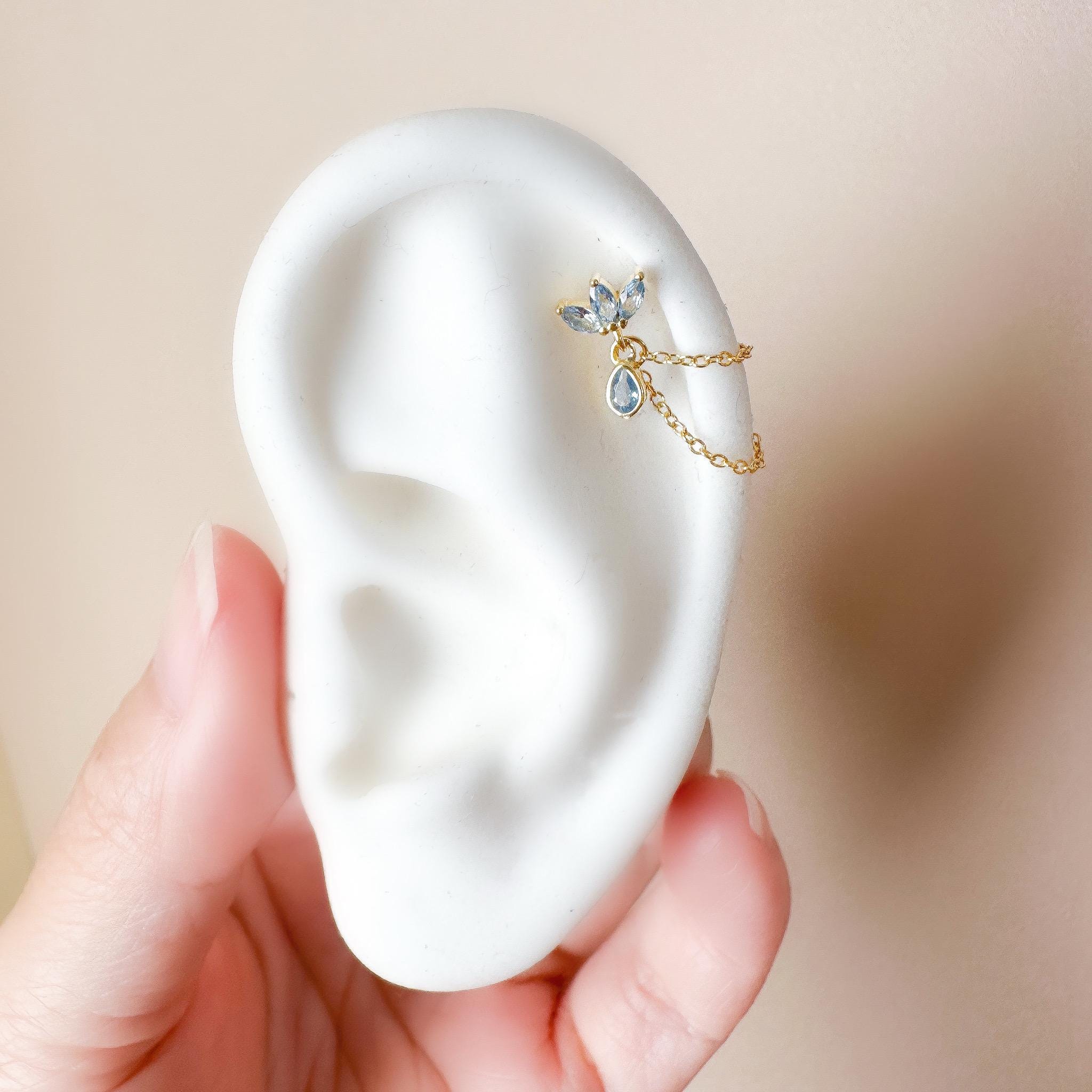 Dainty Double Chain Marquise and Pear Dusty Blue CZ Helix Piercing, cartilage piercing, helix chain piercing, earring hoops, body piercing