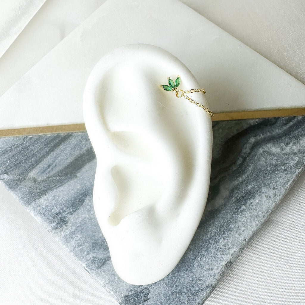 Dainty Double Chain Emerald CZ Helix Piercing, cartilage piercing, hoop huggies, body piercing, chain earrings, helix hoops, minimalist