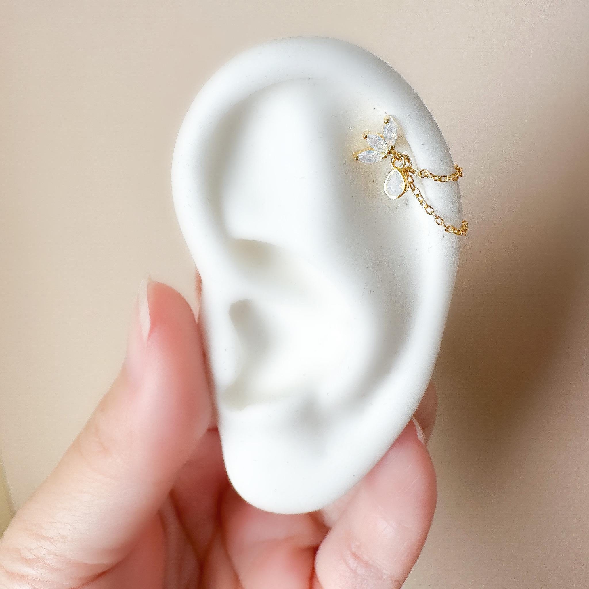 Dainty Double Chain Marquise and Pear Onyx CZ Helix Piercing, cartilage piercing, helix chain piercing, earring hoops, body piercing