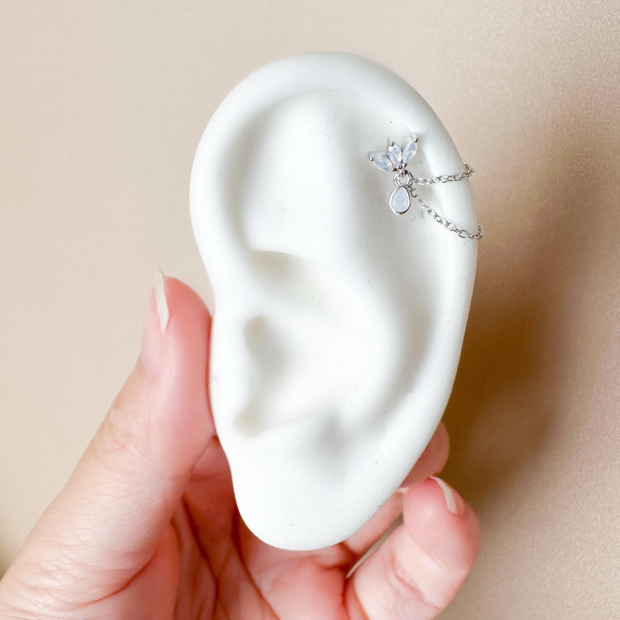 Dainty Double Chain Marquise and Pear Moonstone CZ Helix Piercing, cartilage piercing, helix chain piercing, earring hoops, body piercing