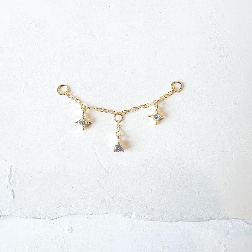 Dainty Industrial Barbell Star Diamond CZ Chain (only) for Piercing, Gold Sterling Helix Chain Piercing, Conch Chain Piercing 14g, 16g, 18g