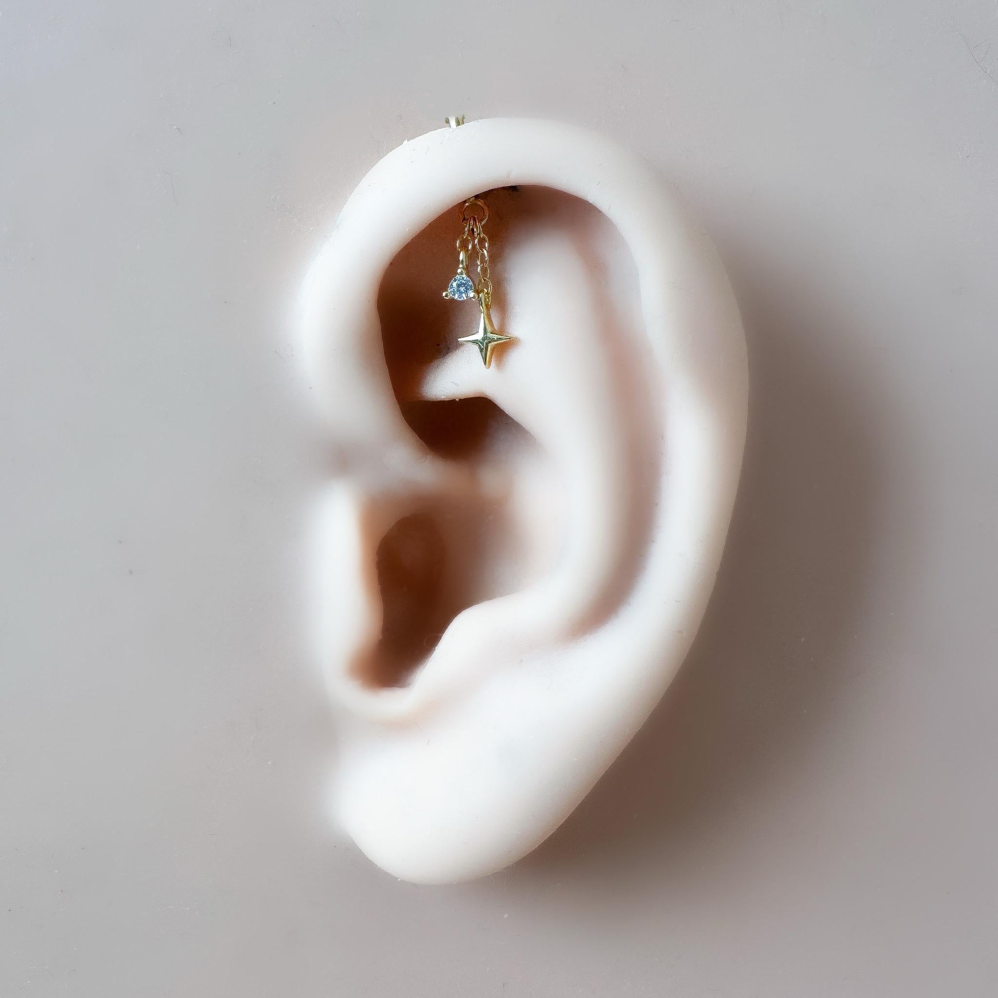 Dainty Dainty Star and CZ F136 Titanium 16G 18g Push Pin Flat Back Vertical Helix Piercing, Vertical rook piercing, hidden rook, flat pierce