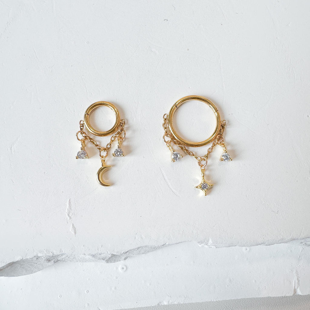14g 16g 18g 6mm-12mm Star Moon Implant Grade Titanium Chain Gem Hoop conch, septum piercing , conch hoop, gold hoop, helix hoop