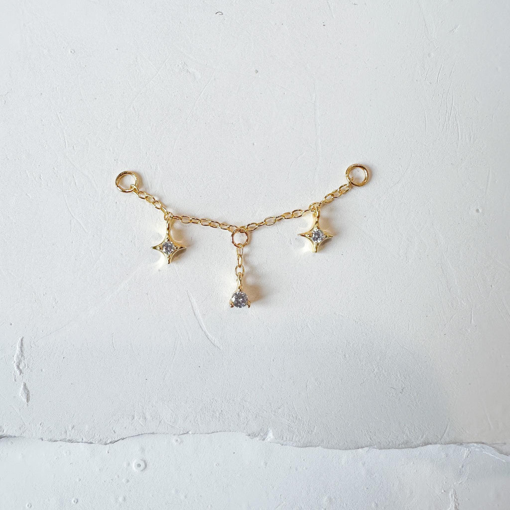 Dainty Industrial Barbell Star Diamond CZ Chain (only) for Piercing, Gold Sterling Helix Chain Piercing, Conch Chain Piercing 14g, 16g, 18g