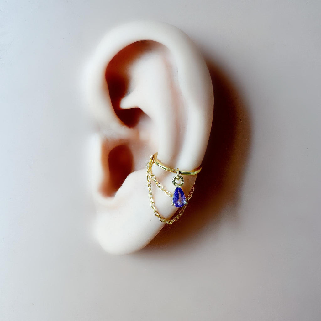 Non Piercing Clip On Ear Cuff Dainty Amethyst CZ Teardrop Double Chain Helix Piercing, cartilage piercing, conch hoops, conch clip on