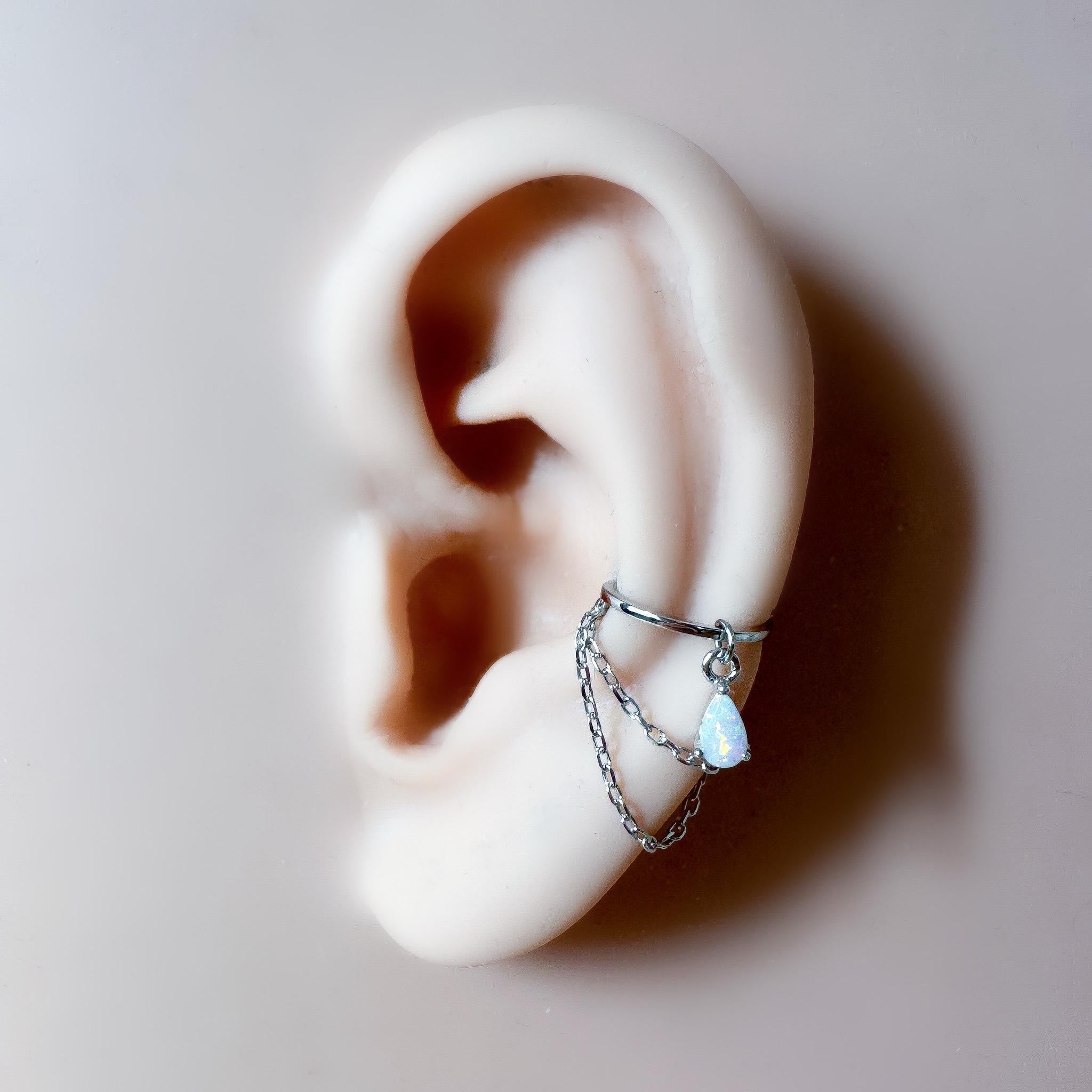 Non Piercing Clip On Ear Cuff Dainty Silver Opal CZ Teardrop Double Chain Helix Piercing, cartilage piercing, conch hoops, conch clip on