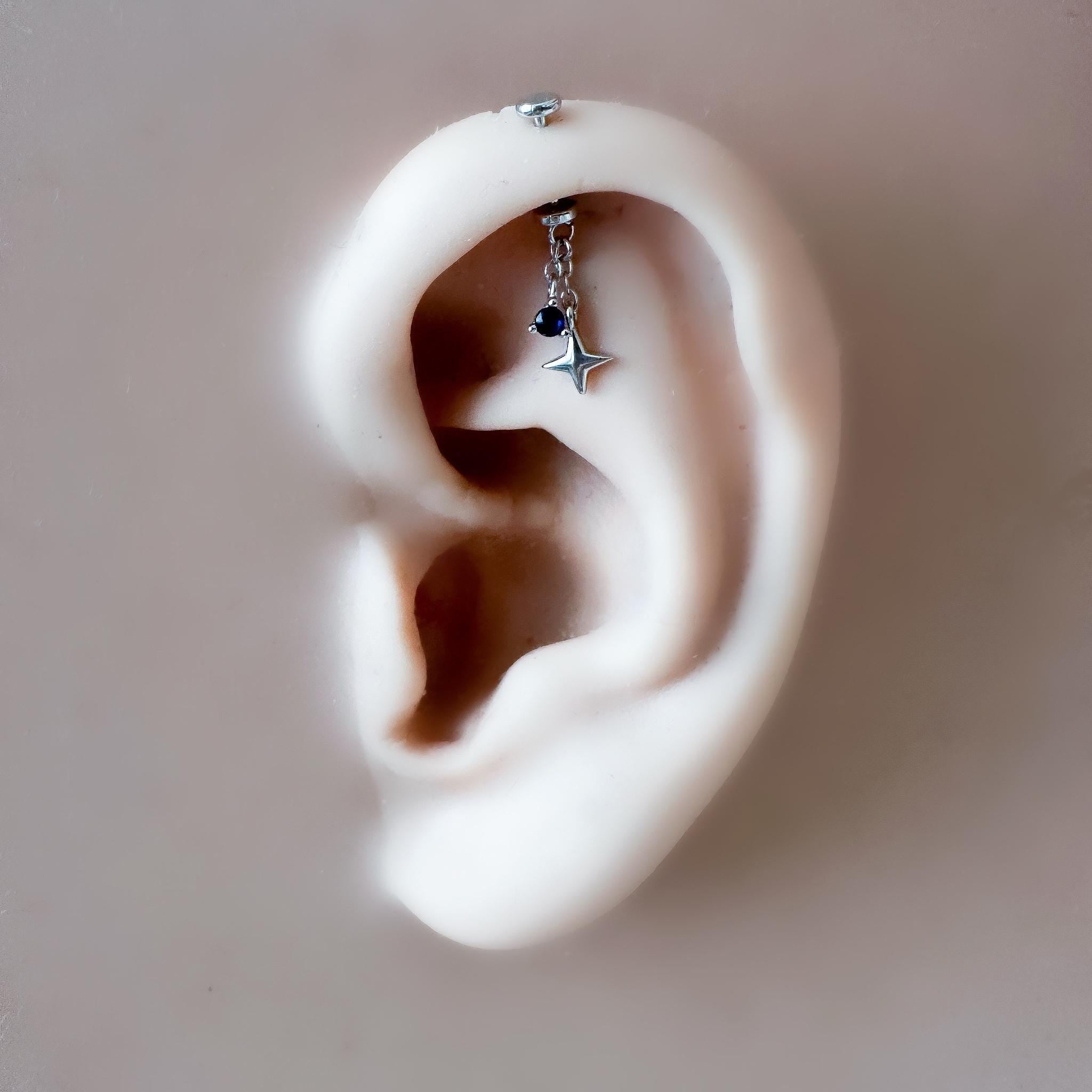 Dainty Dainty Star and CZ F136 Titanium 16G 18g Push Pin Flat Back Vertical Helix Piercing, Vertical rook piercing, hidden rook, flat pierce