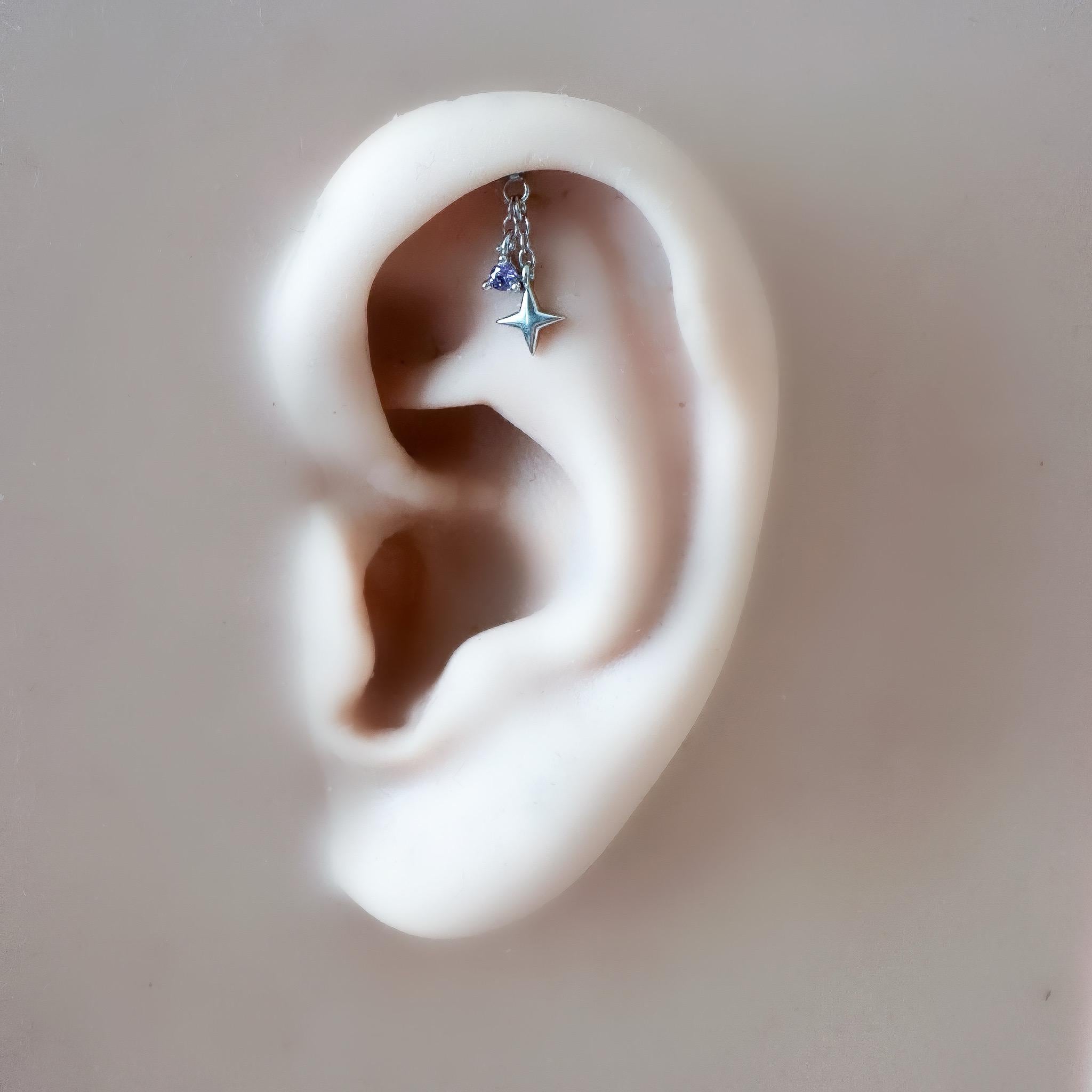 Dainty Dainty Star and CZ F136 Titanium 16G 18g Push Pin Flat Back Vertical Helix Piercing, Vertical rook piercing, hidden rook, flat pierce