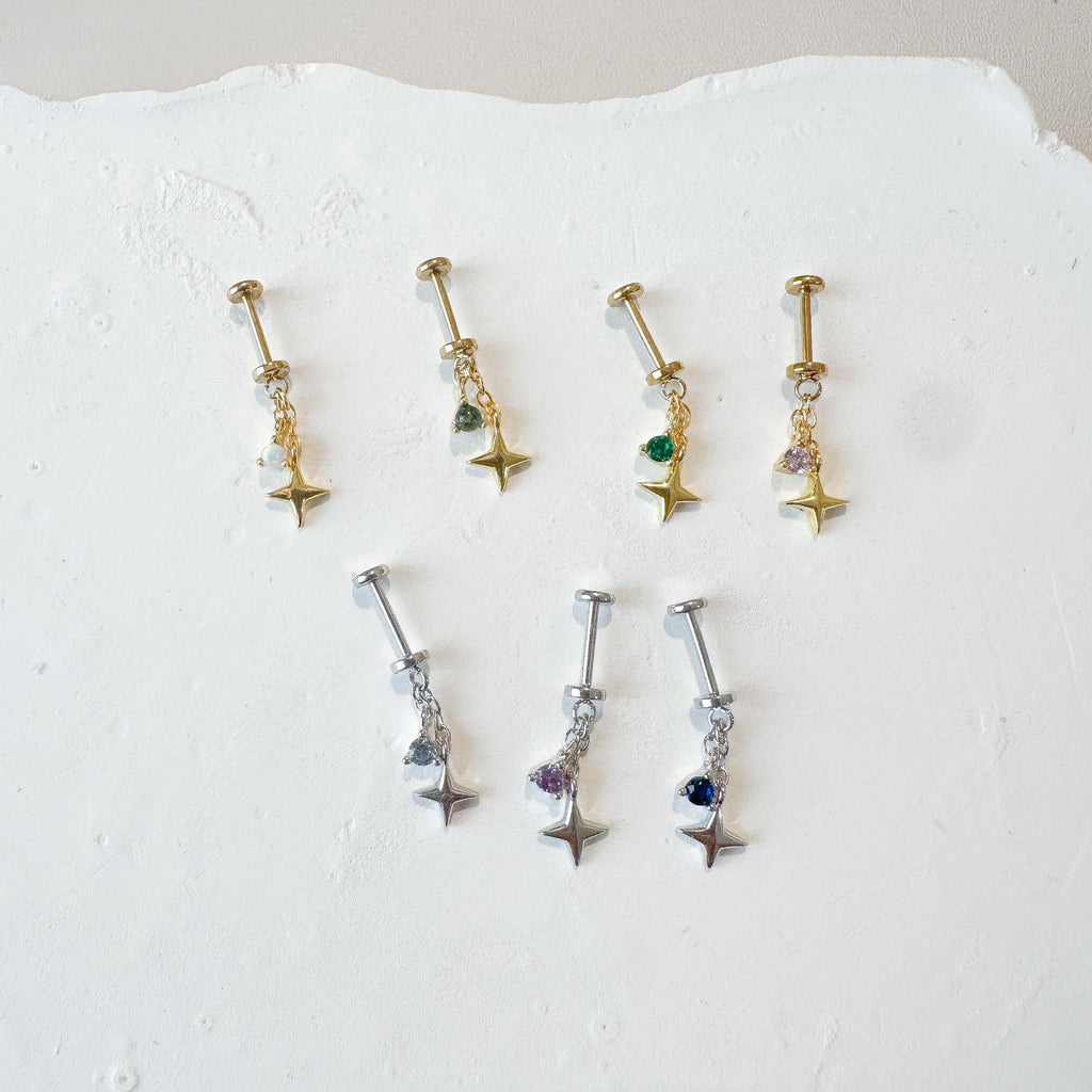 Dainty Dainty Star and CZ F136 Titanium 16G 18g Push Pin Flat Back Vertical Helix Piercing, Vertical rook piercing, hidden rook, flat pierce