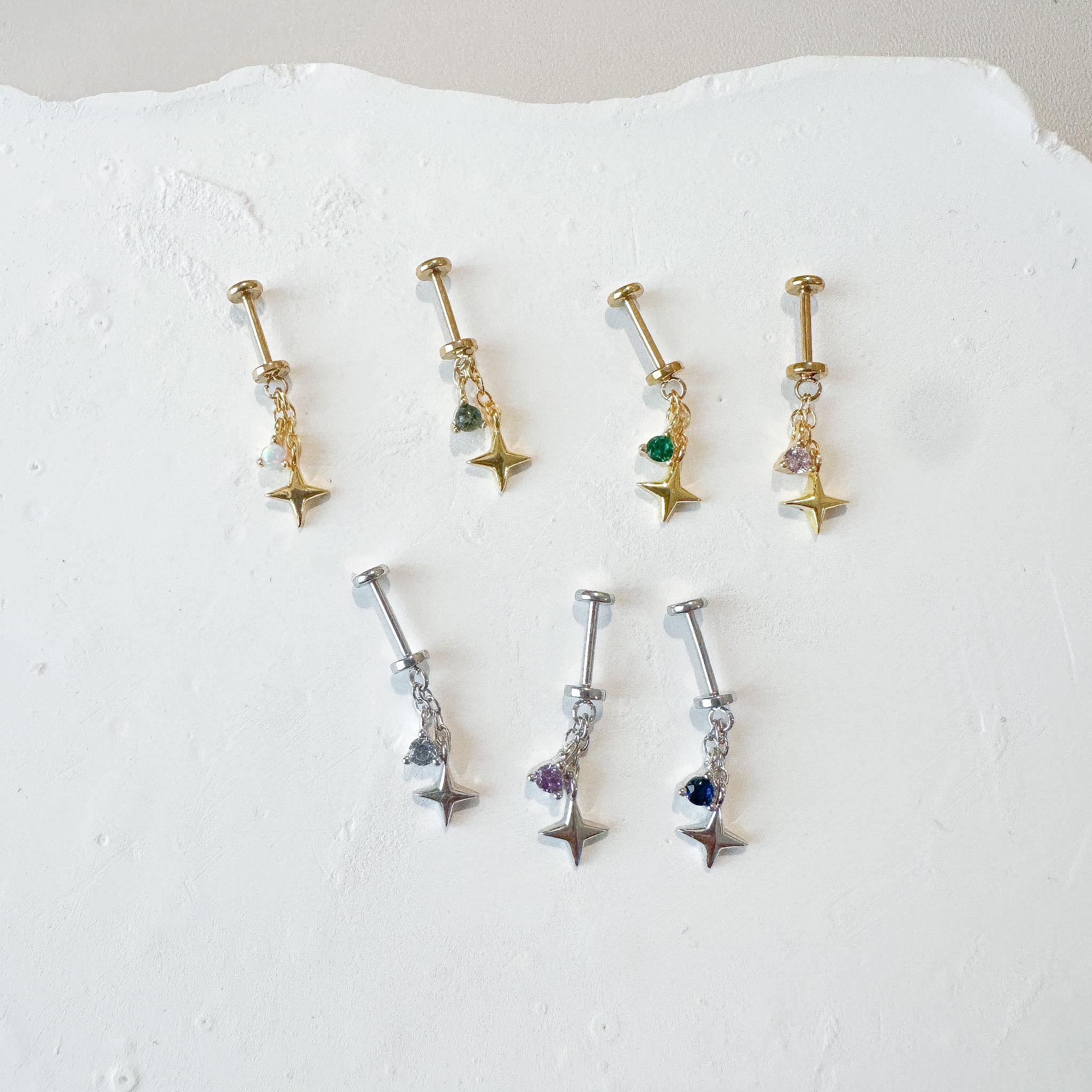 Dainty Dainty Star and CZ F136 Titanium 16G 18g Push Pin Flat Back Vertical Helix Piercing, Vertical rook piercing, hidden rook, flat pierce