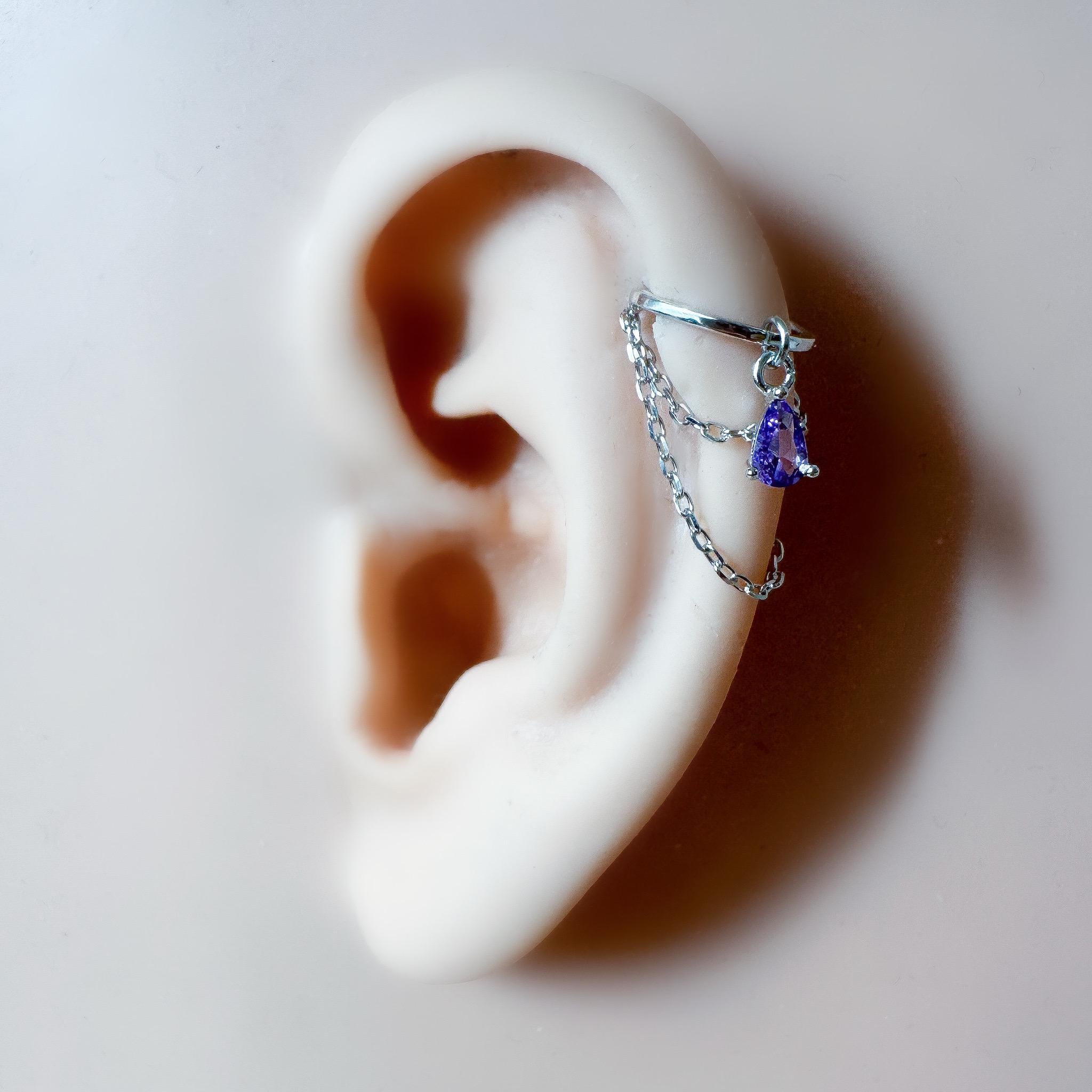 Non Piercing Clip On Ear Cuff Dainty Silver Opal CZ Teardrop Double Chain Helix Piercing, cartilage piercing, conch hoops, conch clip on