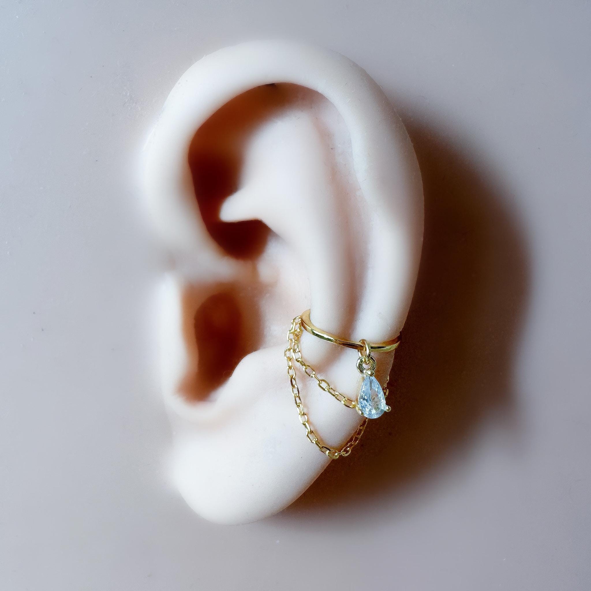 Non Piercing Clip On Ear Cuff Dainty Opal CZ Teardrop Double Chain Helix Piercing, cartilage piercing, conch hoops, conch clip on