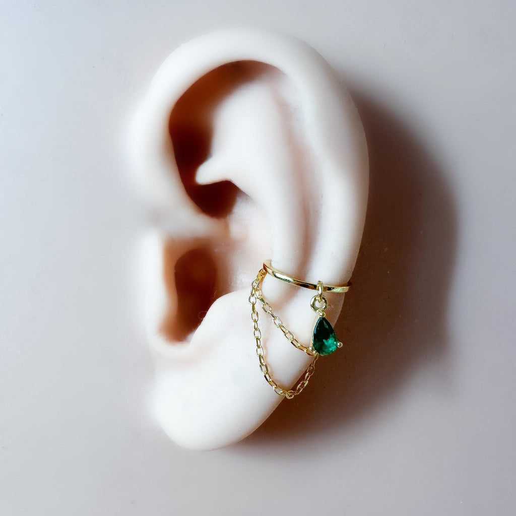 Non Piercing Clip On Ear Cuff Dainty Opal CZ Teardrop Double Chain Helix Piercing, cartilage piercing, conch hoops, conch clip on