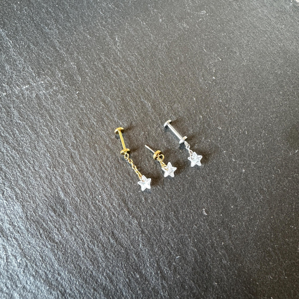 Dainty Star Crystal F136 Titanium 16G 18g Push Pin Flat Back Vertical Helix Piercing, Vertical hidden rook piercing, industrial bar