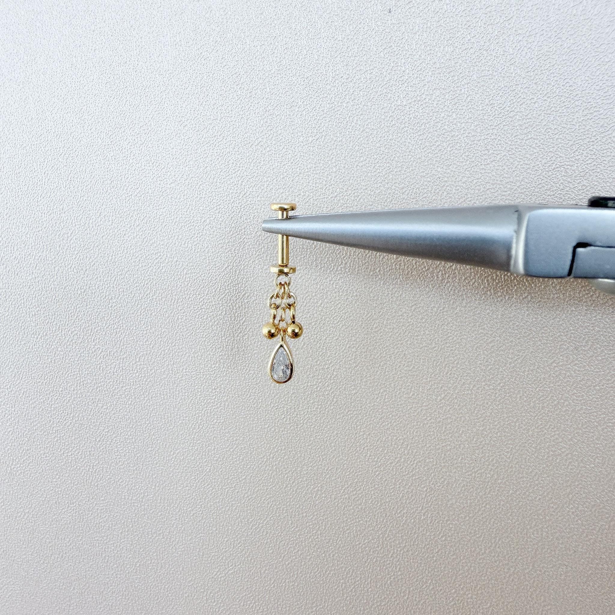 Dainty Gold Diamond CZ Pear Ball Charm F136 Titanium 16G 18g Push Pin Flat Back Vertical Helix Piercing, Vertical hidden rook piercing