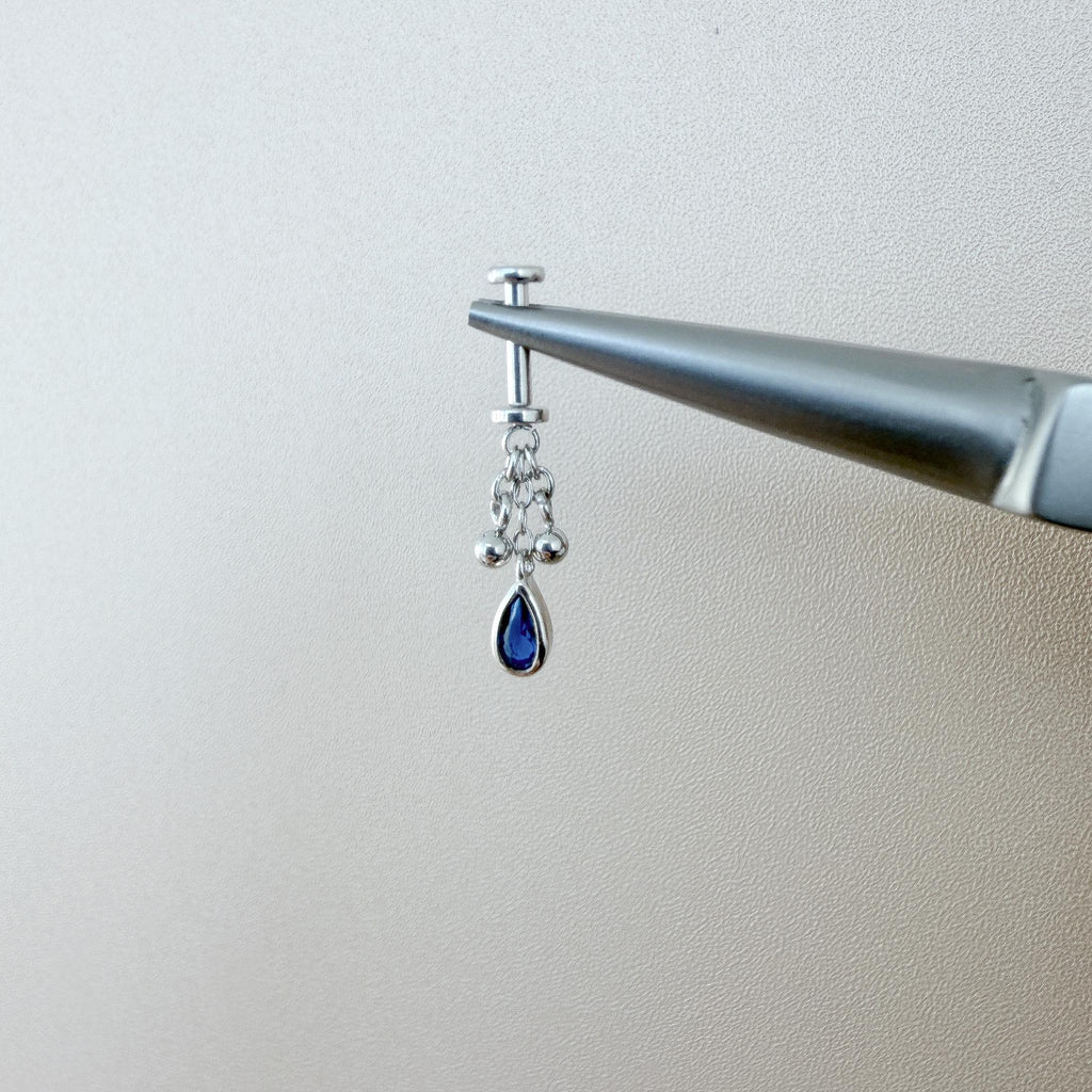 Dainty Silver Sapphire CZ Pear Ball Charm F136 Titanium 16G 18g Push Pin Flat Back Vertical Helix Piercing, Vertical hidden rook piercing