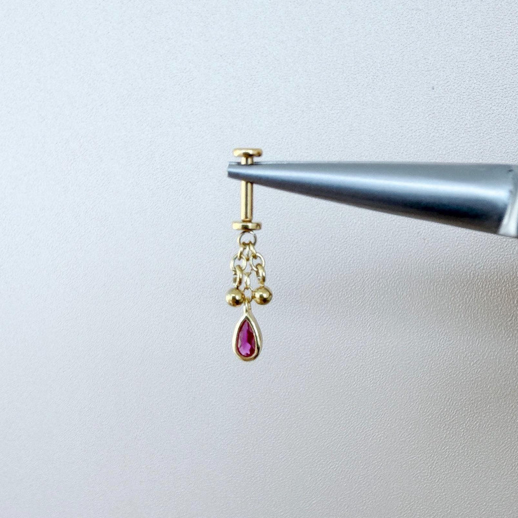 Dainty Gold Pink Ruby CZ Pear Ball Charm F136 Titanium 16G 18g Push Pin Flat Back Vertical Helix Piercing, Vertical hidden rook piercing