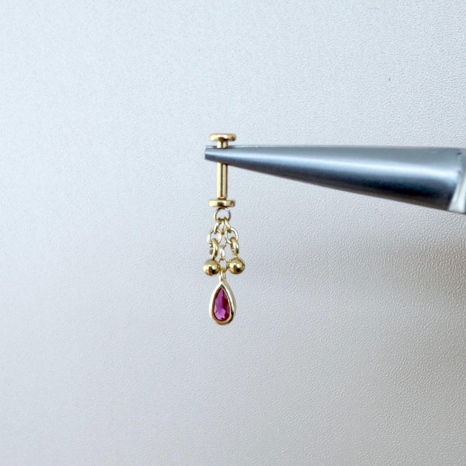 Dainty Gold Pink Ruby CZ Pear Ball Charm F136 Titanium 16G 18g Push Pin Flat Back Vertical Helix Piercing, Vertical hidden rook piercing