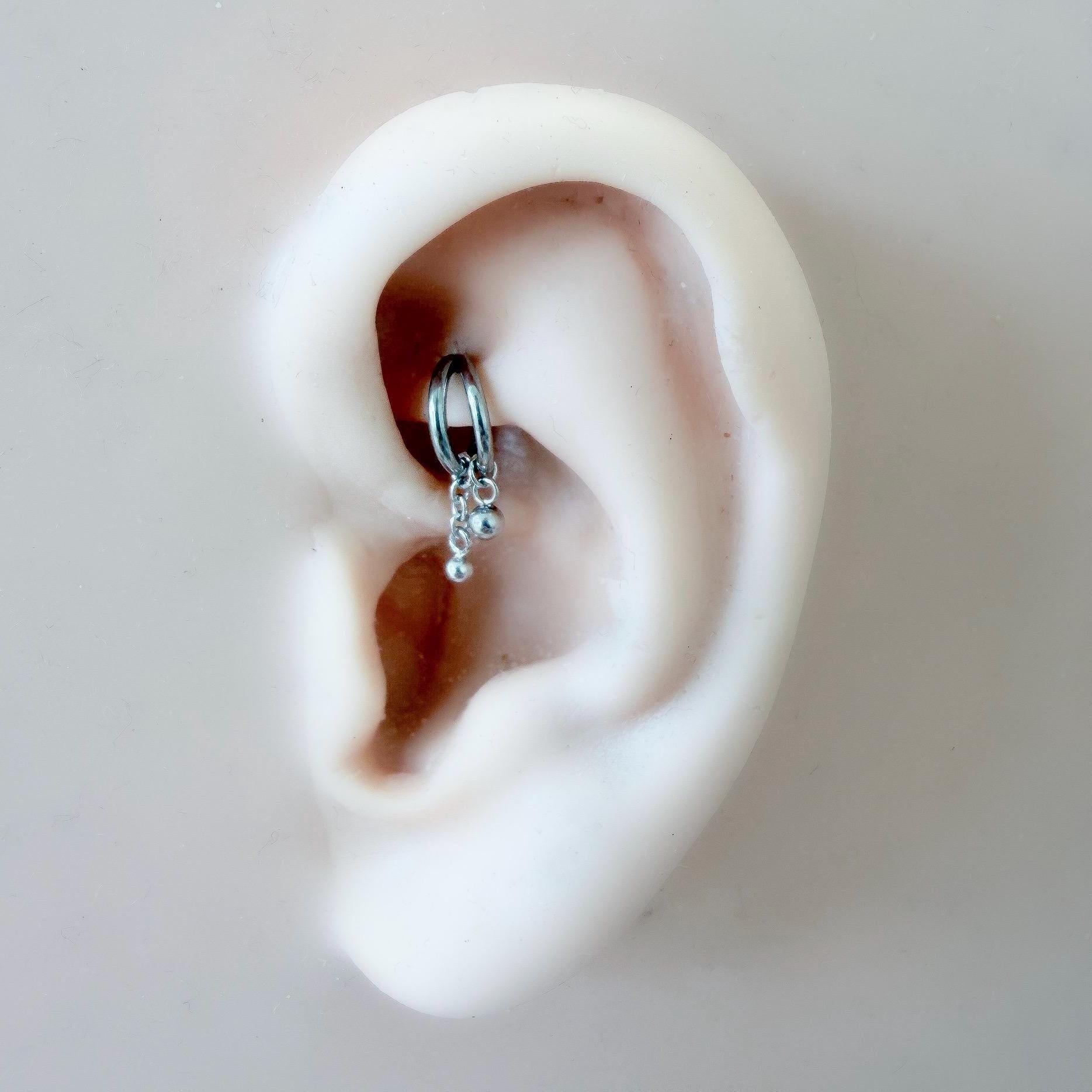 16g 18g 6mm 8mm Dainty Double Hoop Double Ball Dangle Charm, Titanium Rook Piercing Hoop, hoop huggies, cartilage piercing, helix hoop charm
