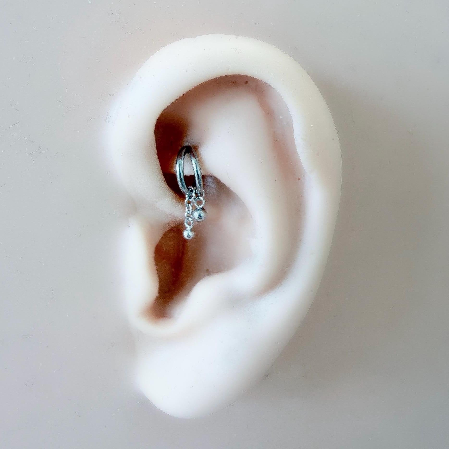 16g 18g 6mm 8mm Dainty Double Hoop Double Ball Dangle Charm, Titanium Rook Piercing Hoop, hoop huggies, cartilage piercing, helix hoop charm