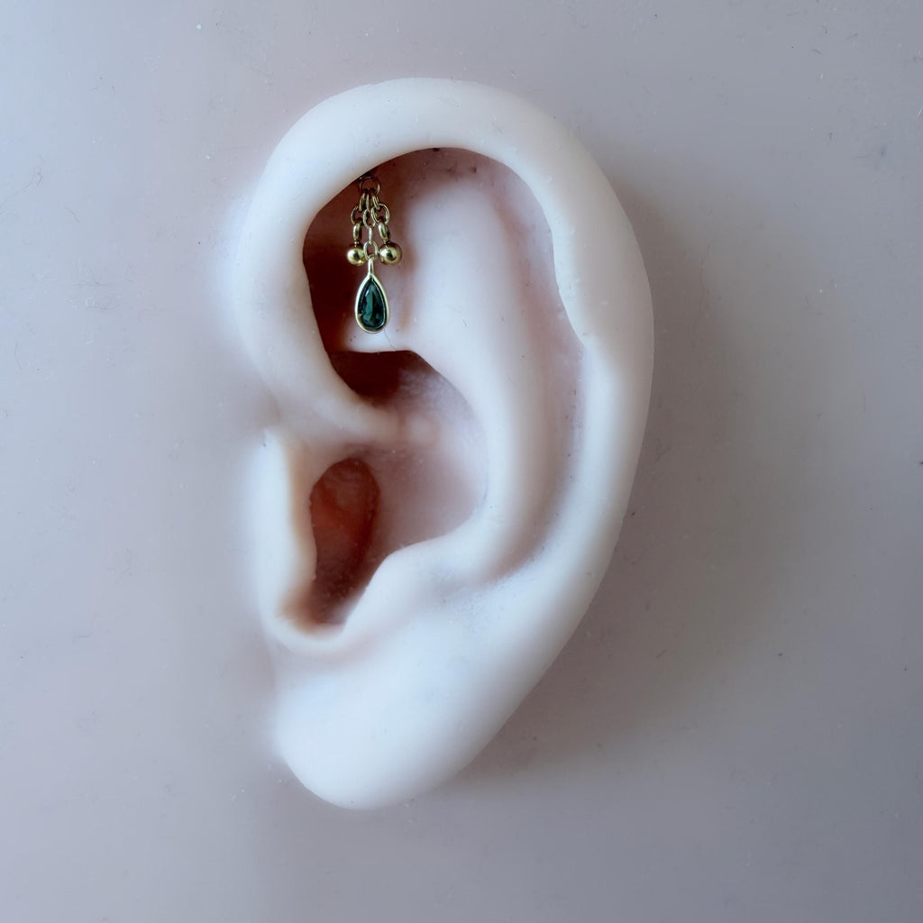 Dainty Gold Emerald CZ Pear Ball Charm F136 Titanium 16G 18g Push Pin Flat Back Vertical Helix Piercing, Vertical hidden rook piercing