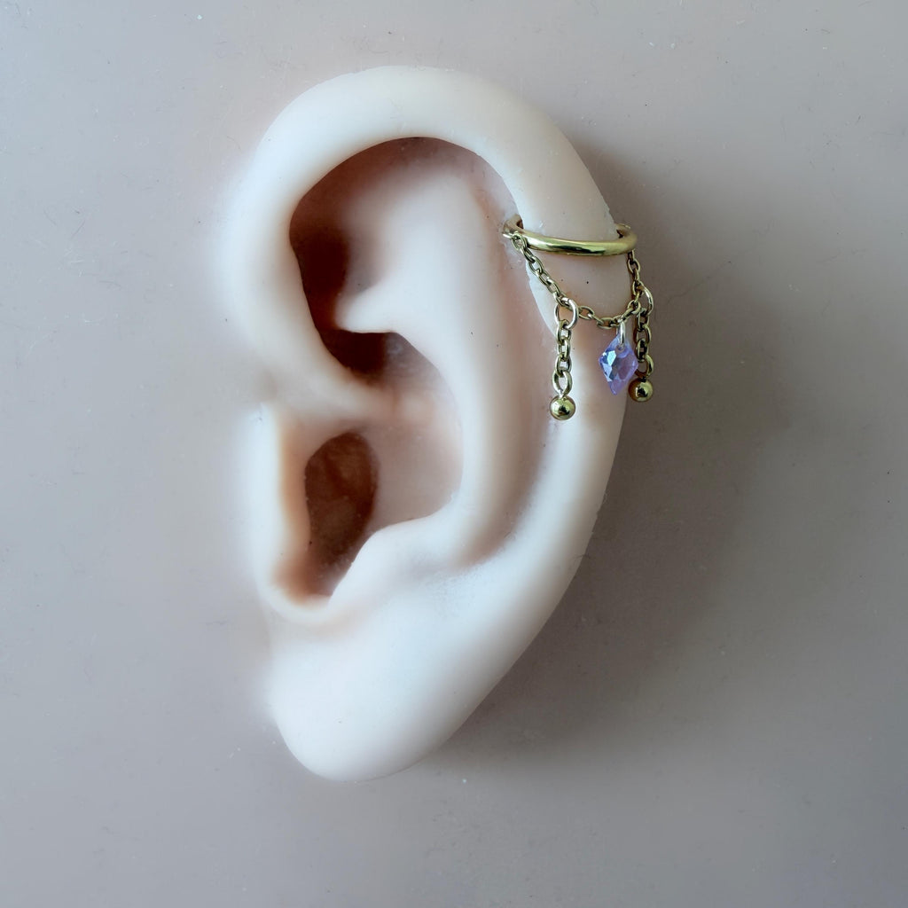 14g 16g 18g 6mm-12mm Purple CLAIRE Crystal Charm Stainless Steel Double Chain Conch Hoop, helix hoop, gold hoop, silver clicker segment hoop