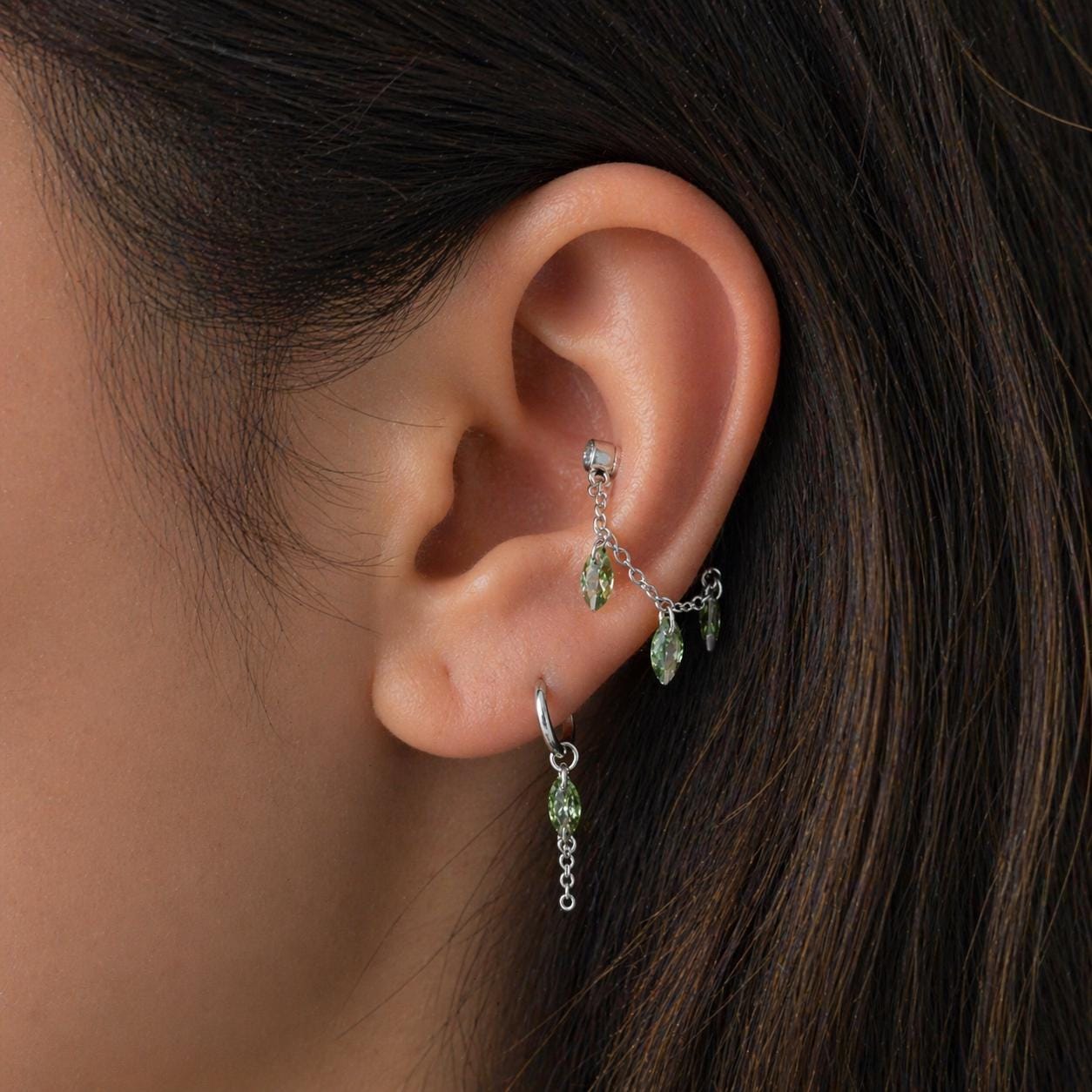 Dainty Stainless Peridot CZ Marquise Chain (only) for Piercing, Helix Chain Piercing, Chain Earring, Conch Chain Piercing 14g, 16g, 18g