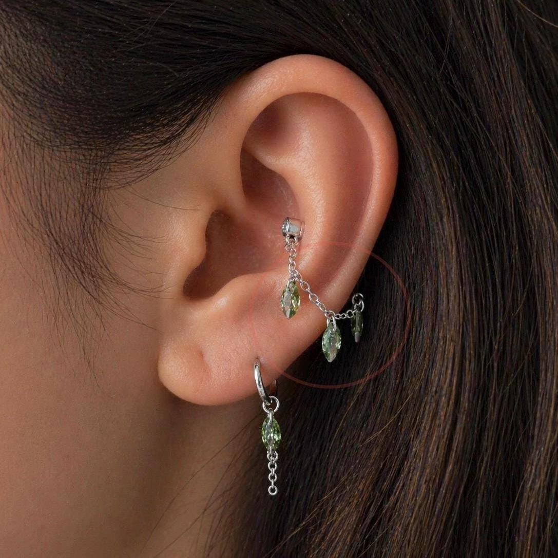 Dainty Stainless Peridot CZ Marquise Chain (only) for Piercing, Helix Chain Piercing, Chain Earring, Conch Chain Piercing 14g, 16g, 18g
