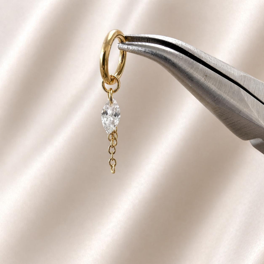 Waterproof Tarnish Free Dainty Diamond CZ Marquise Charm Chain Dangle Helix Hoop Charm, earring charms, Titanium Hoops, cartilage piercing