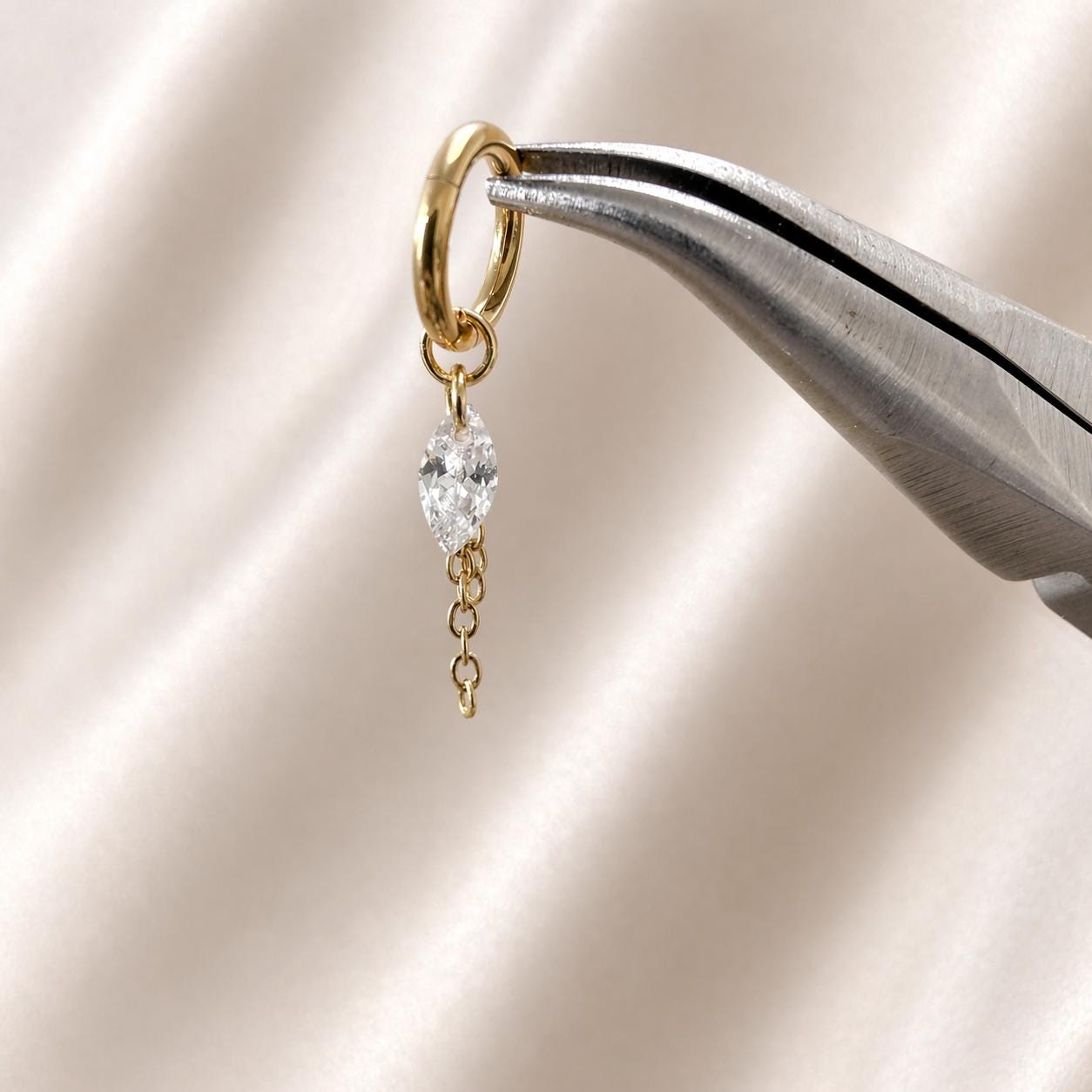Waterproof Tarnish Free Dainty Diamond CZ Marquise Charm Chain Dangle Helix Hoop Charm, earring charms, Titanium Hoops, cartilage piercing