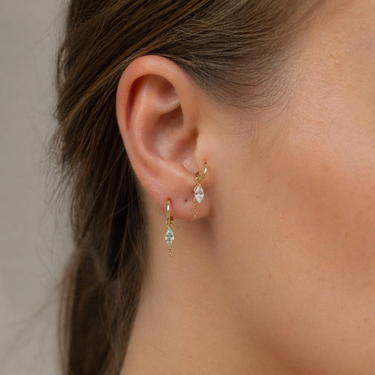 Waterproof Tarnish Free Dainty Diamond CZ Marquise Charm Chain Dangle Helix Hoop Charm, earring charms, Titanium Hoops, cartilage piercing