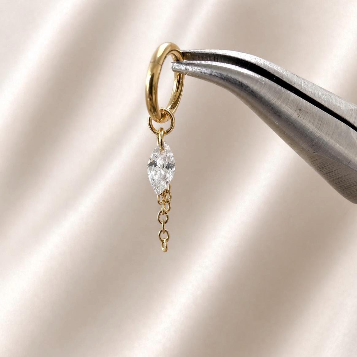 Waterproof Tarnish Free Dainty Diamond CZ Marquise Charm Chain Dangle Helix Hoop Charm, earring charms, Titanium Hoops, cartilage piercing
