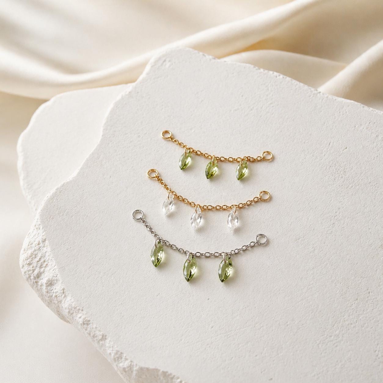 Dainty Stainless Peridot CZ Marquise Chain (only) for Piercing, Helix Chain Piercing, Chain Earring, Conch Chain Piercing 14g, 16g, 18g