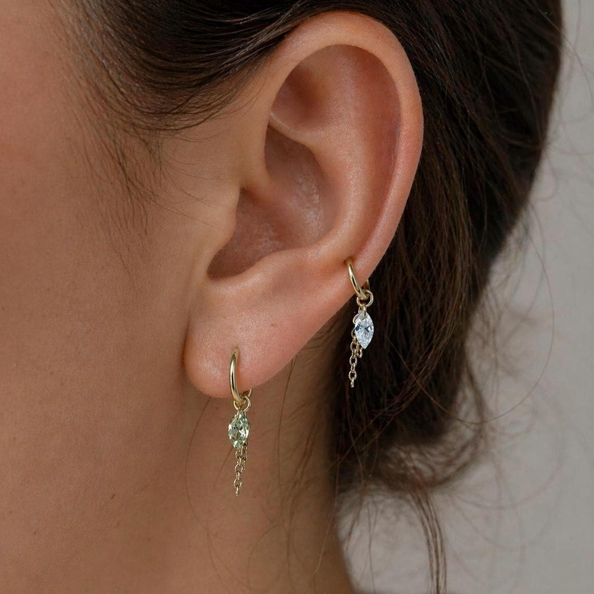 Waterproof Tarnish Free Dainty Diamond CZ Marquise Charm Chain Dangle Helix Hoop Charm, earring charms, Titanium Hoops, cartilage piercing