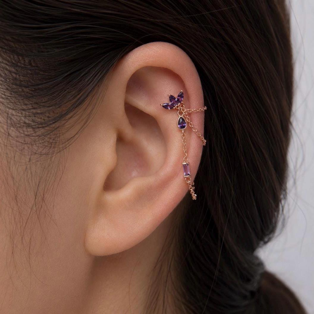 Dainty Triple Chain Rose Gold Amethyst CZ Helix Piercing, cartilage piercing 20g, hoop huggies, body piercing, chain earrings, helix hoops