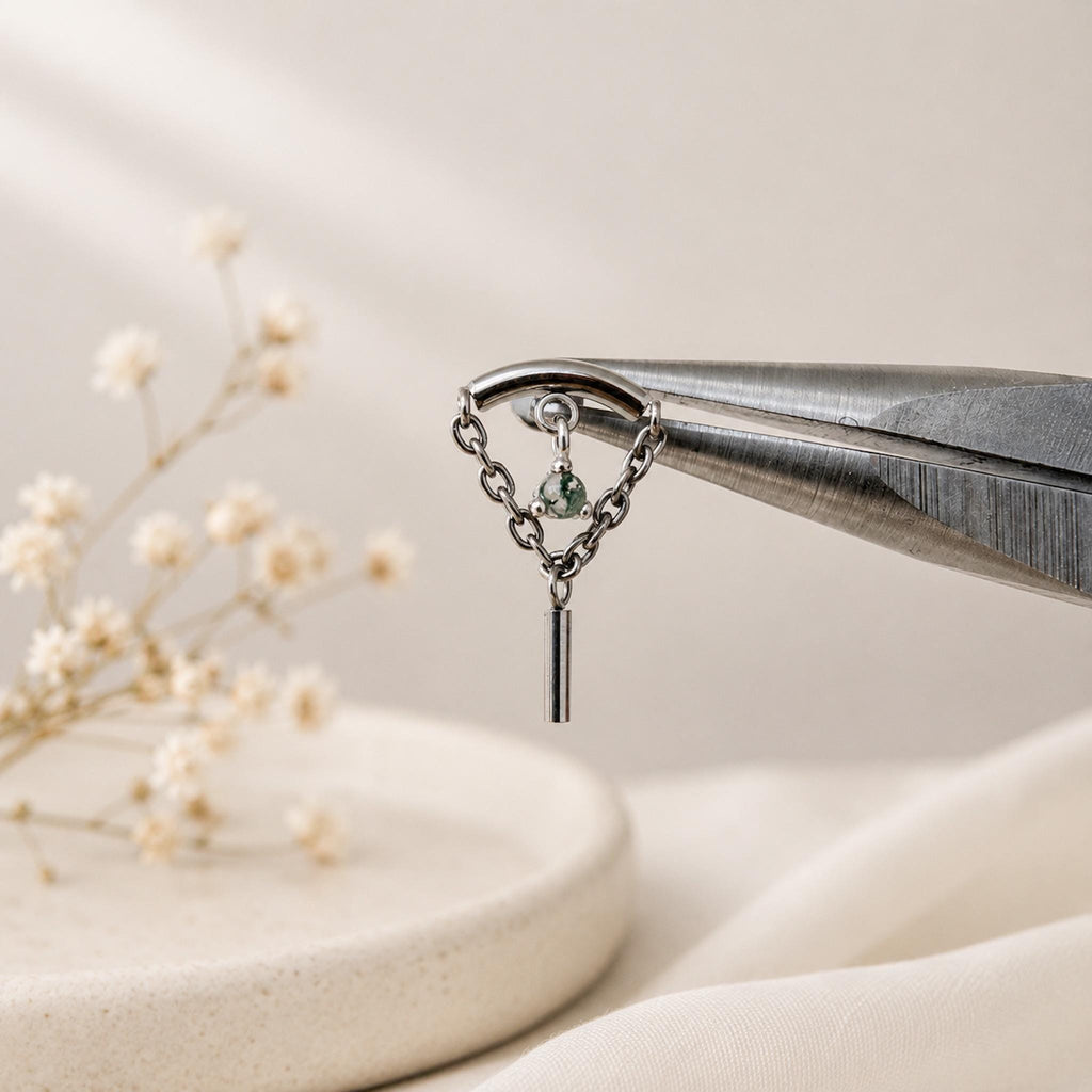 Minimalist Hidden Helix Emerald CZ Chain Dangle Earring | Titanium Cartilage Piercing Jewelry | Flat Piercing