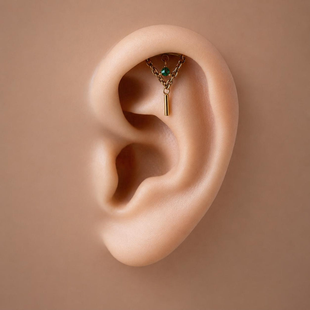 Minimalist Hidden Helix Opal CZ Chain Dangle Earring | Titanium Cartilage Piercing Jewelry | Flat Piercing