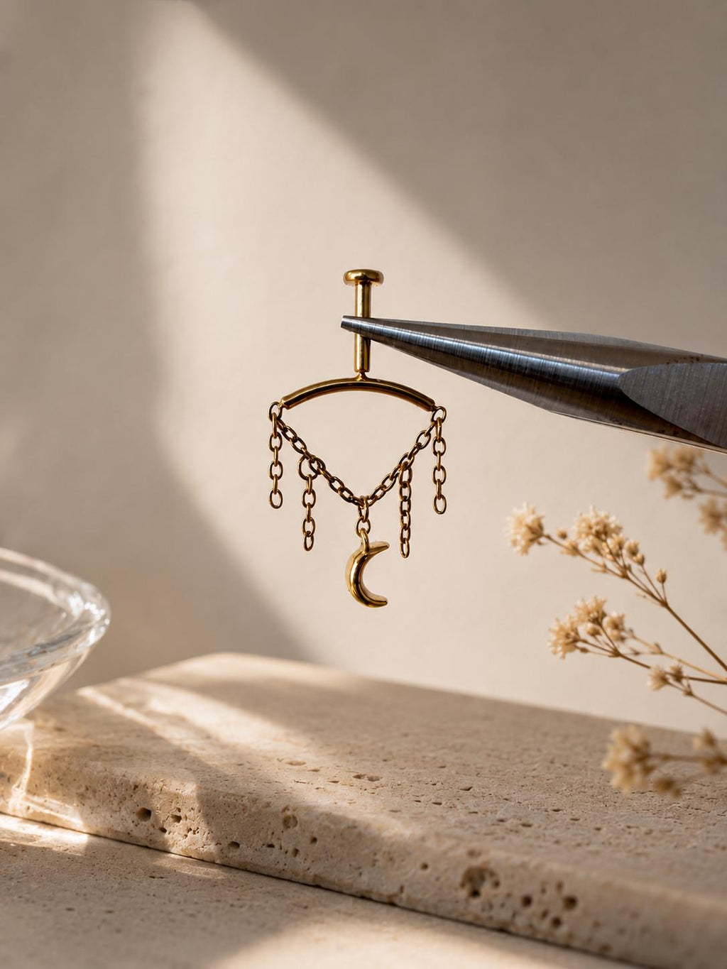 Vertical Helix Earring with Moon Charm, Titanium Chain Cartilage Earring, Celestial Earrings